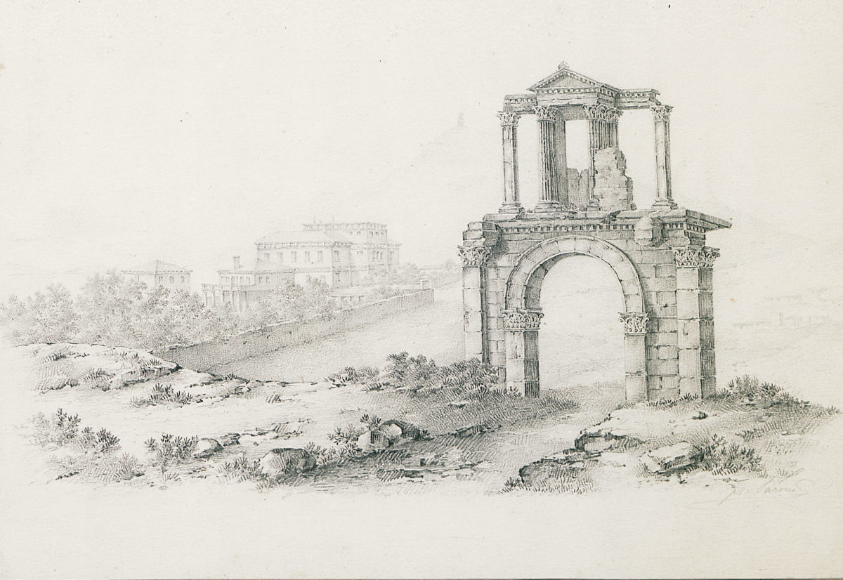 Hadrian’s Gate (detail). Drawing in pencil by Franz Tarone. Tarone, who was from South Germany, came to Greece in 1834 and joined the Greek army as a non-commissioned officer. He made drawings of the ancient monuments of Athens, the originals of which King Othon bought around 1840. Benaki Museum - The Efstathios Finopoulos Collection. 