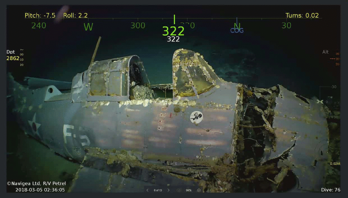 Remarkably preserved aircraft could be seen on the seabed bearing the five-pointed star insignia of the US navy on their wings and fuselage. Photograph: Douglas Curran/AFP/Getty Images/The Guardian.