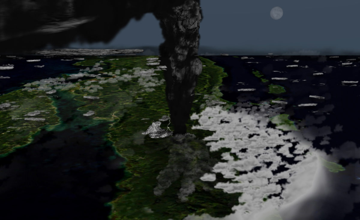Illustration of what the Toba eruption might have looked like around 42 km above Northern Sumatra.