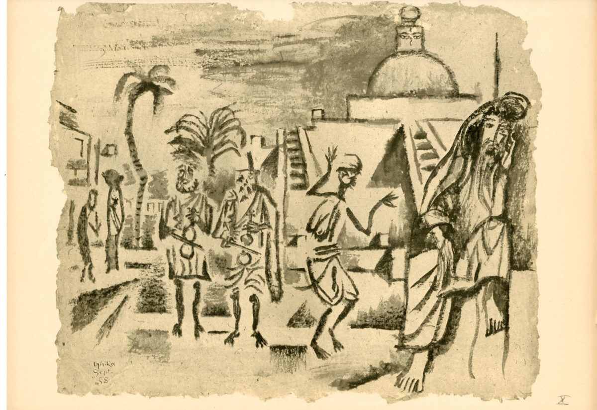 Nikos Hadjikyriakos-Ghika, Musical instruments and dancing in Kathmandu drawing for the album India, 1958. Indian ink on paper, 38 x 46 cm. Benaki Museum / The Ghika Gallery  ©2018 Benaki Museum