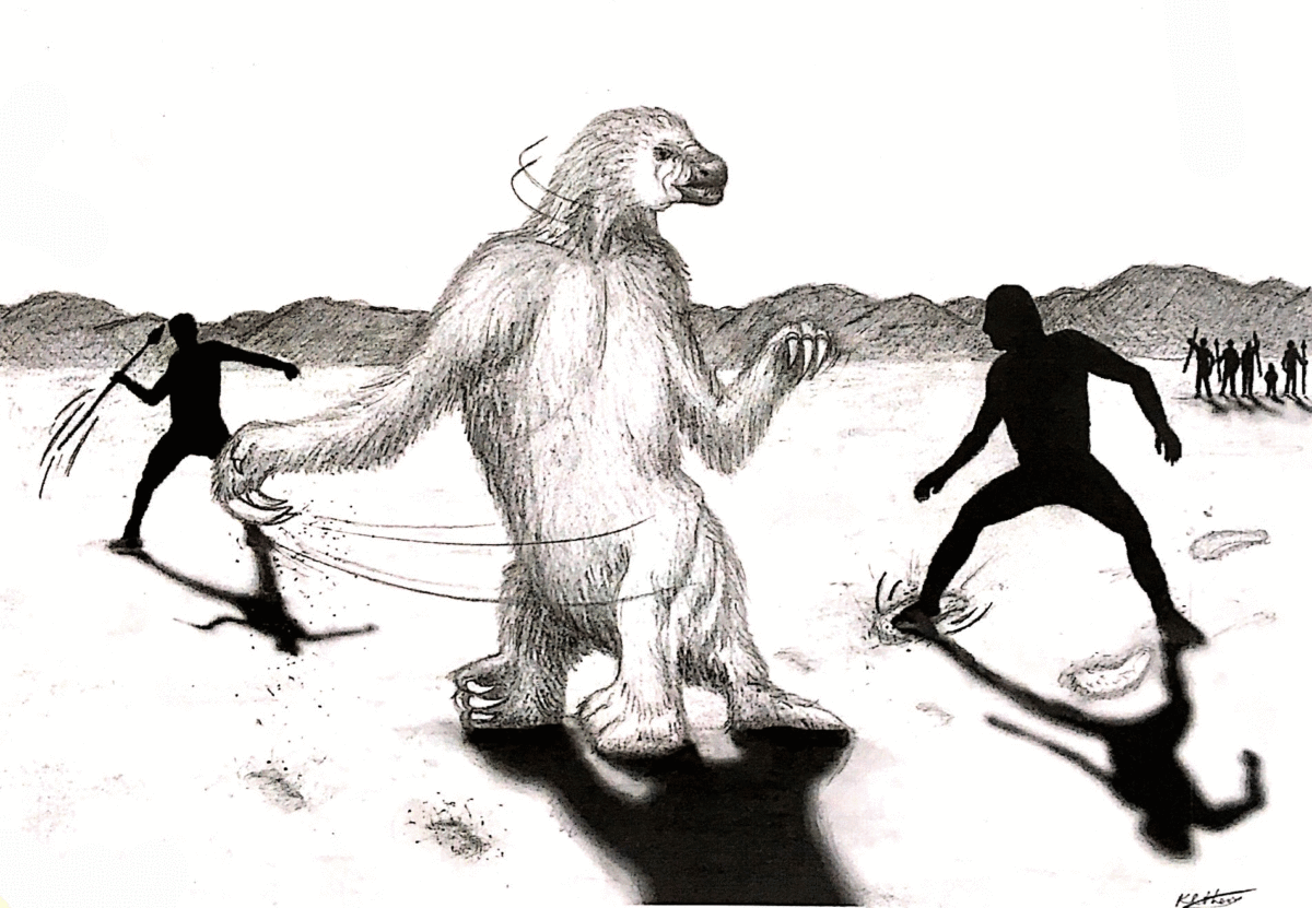 Artist’s concept of humans hunting a giant ground sloth. Image Credit: Alex McClelland/Bournemouth University. 