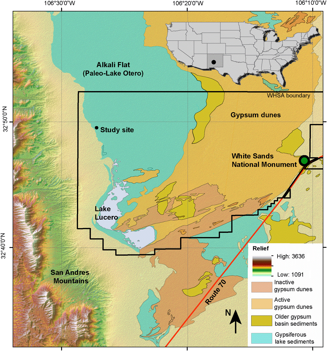 Map showing WHSA, Alkali Flat, and the study site. Image Credit: Science Advances.
