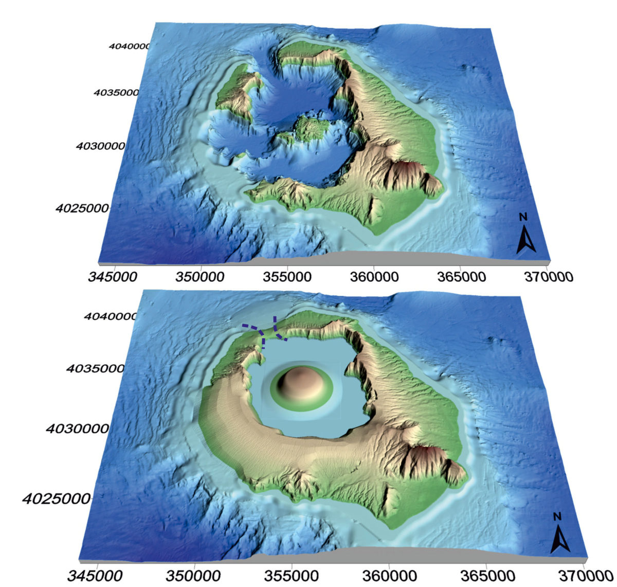 Digital elevation model (DEM) reconstruction of Santorini comparing (a) the present-day topography and (b) the proposed topography prior to the Minoan eruption. 
