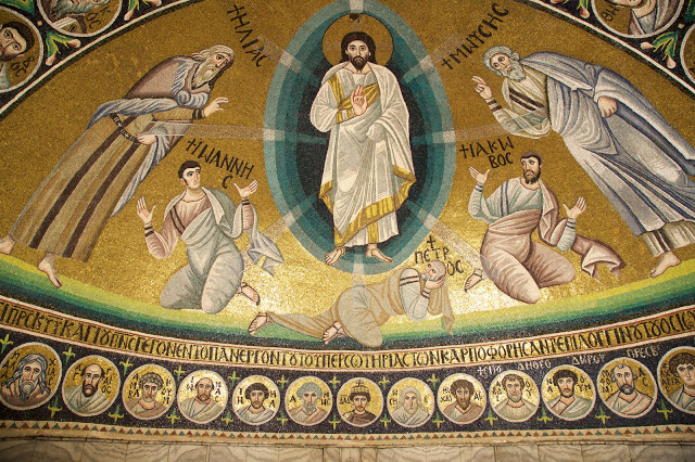 Apse mosaic of the Transfiguration from Saint Catherine's Monastery, Sinai, 565–66, the earliest version of the Eastern iconography that has remained to the present day. Credit: Europa Nostra
