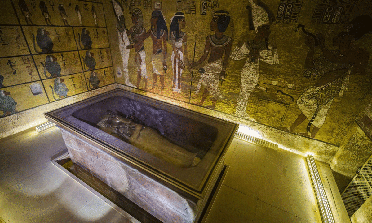 The sarcophagus of King Tutankhamun displayed in his burial chamber in the Valley of the Kings. Photograph: Khaled Desouki/AFP/Getty Images/The Guardian.