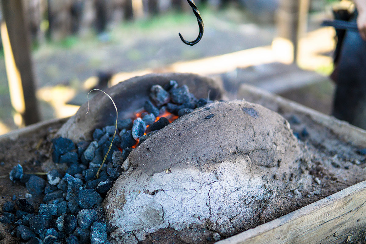 Blacksmith furnace using medieval metallurgy techniques.