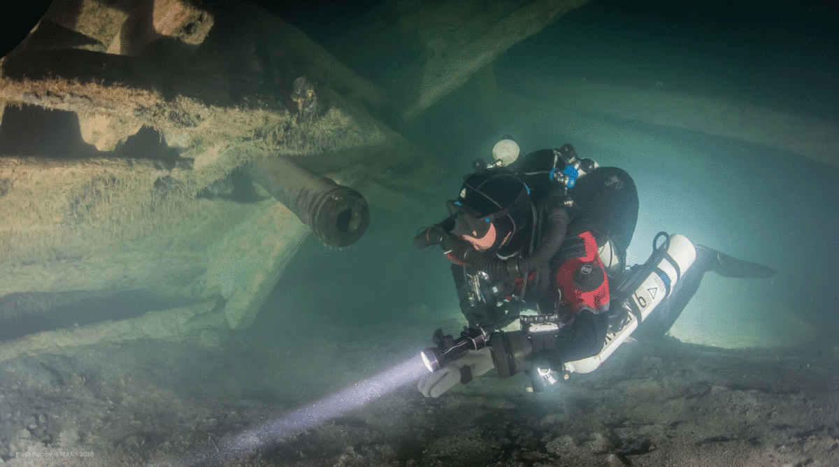 Professional divers investigated the wreck, which sits at the bottom of the sea, 70 metres below sea level. Photo Credit: Kirill Egorov / Ocean Discovery / Mars Project / Nordic Science.
