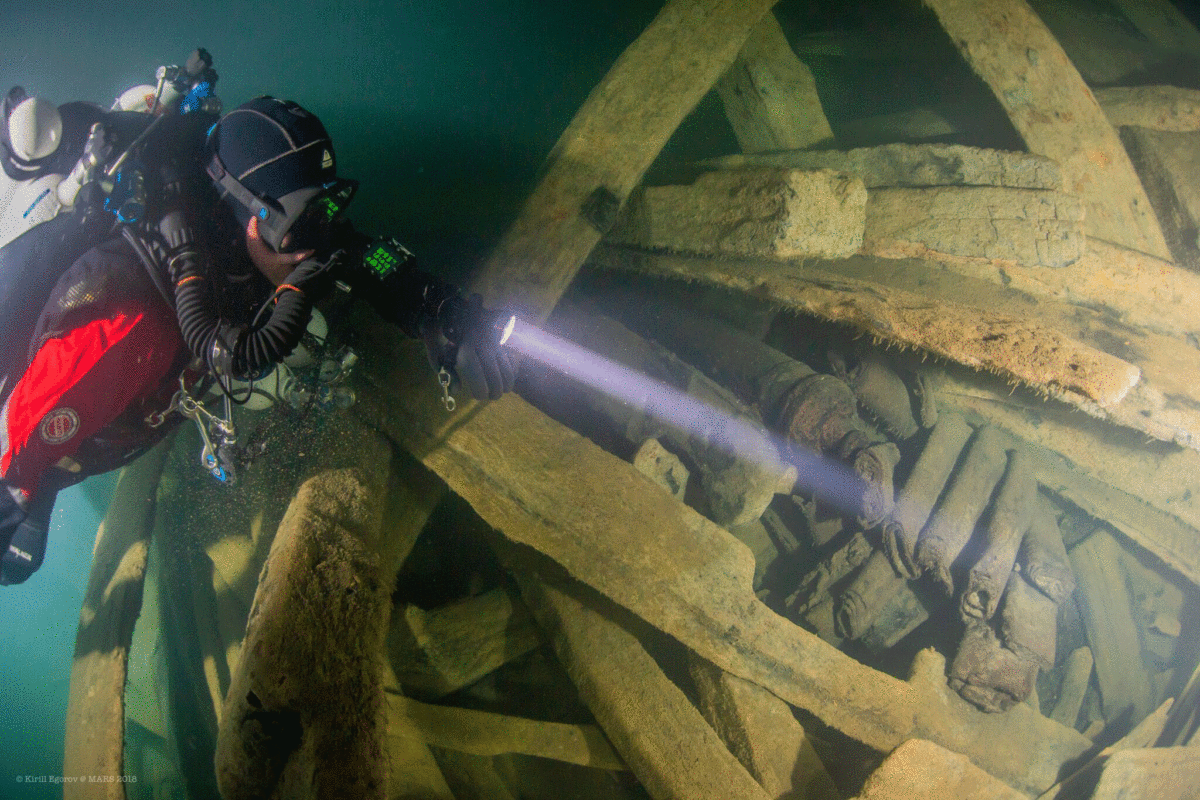 Divers film the wreckage for scientists to view later. From this footage, they have made a 3D-model of the wreck. Photo Credit: Kirill Egorov / Ocean Discovery / Mars Project / Nordic Science.