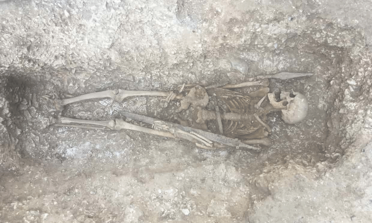 This 6th century Saxon warrior with spear and sword, was found underneath a military trackway, frequently crossed by tanks and huge military vehicles. Photo Credit: The Guardian. 