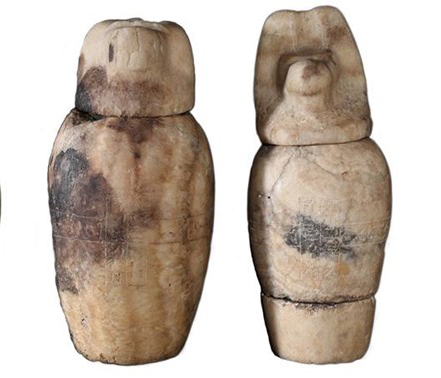 A well-preserved set of canopic jars was discovered in the tomb of Karabasken (TT 391), in the South Asasif Necropolis on the West Bank of Luxor - Ministry of Antiquities Official Facebook Page.