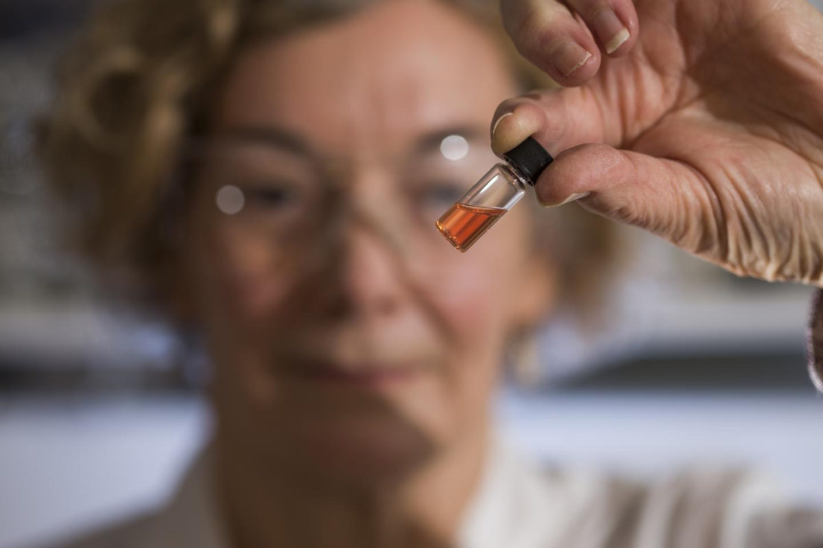 Biogeochemistry Lab Manager Janet Hope from the ANU Research School of Earth Sciences holds a vial of pink colored porphyrins representing the oldest intact pigments in the world. Credit : The Australian National University