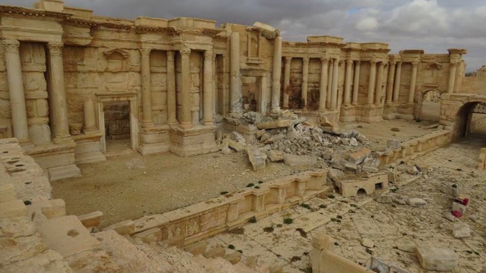 Damage caused by Islamic State at Palmyra's Roman theatre after the city was retaken by Syrian and Russian forces in March 2017. Photo Credit: Syrian Ministry of Culture, Directorate-General of Antiquities and Museums.