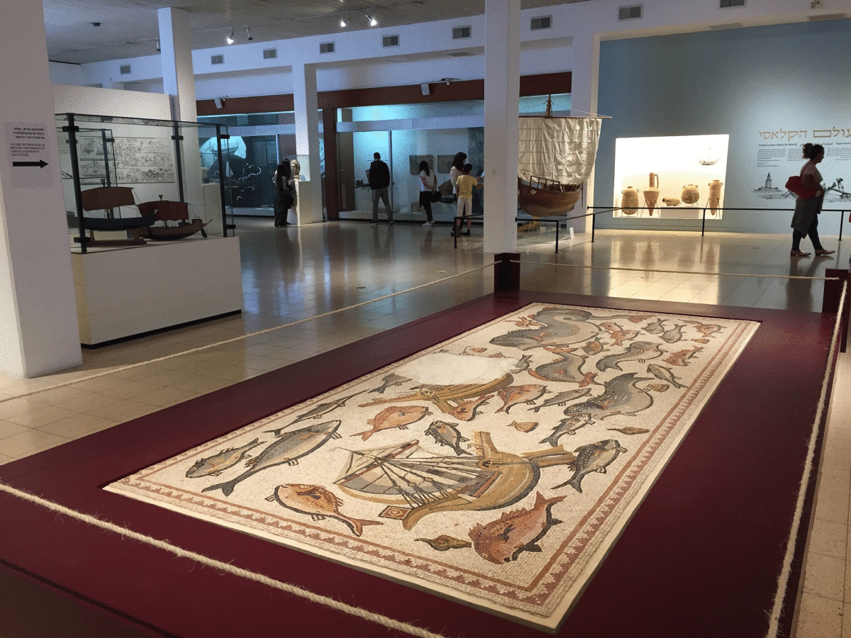 The original Lod mosaic on display at the Haifa-based National Maritime Museum, April 2018. Photo Credit: Amanda Borschel-Dan/ToI / The Times of Israel.