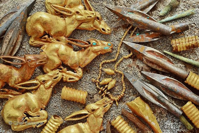 Some 3,000 golden and precious items were unearthed by archaeologists in a burial mound in the remote Tarbagatai mountains. Photo Credit: East-Kazakhstan region/east2west / Mirror.