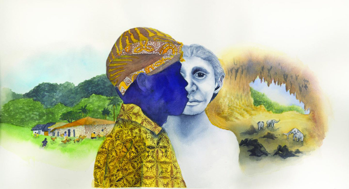 Modern pygmy village, Rampasasa, a Rampasasa pygmy with the traditional head covering and clothing, the face of a Homo floresiensis reconstruction, pygmy elephants in the Liang Bua cave where the H. floresiensis fossils were discovered in 2004.
Credit: Illustration by Matilda Luk, Princeton University