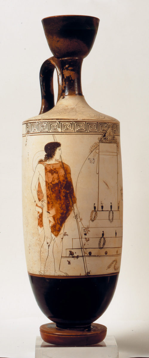 Attic lekythos from Eretria depicting a visit to a burial monument, by the Bosanquet Painter, circa 440 B.C. It was the duty of the members of a household to care for family tombs and the memory of their ancestors (©Ministry of Culture, Fund of Archaeological Proceeds, National Archaeological Museum, photo: Yannis Patrikianos).