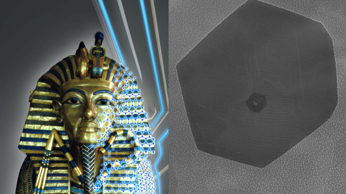 An artist rendering of graphene gilding on Tutankhamun's middle coffin and a microscope image of a graphene crystal on the palladium leaf. 