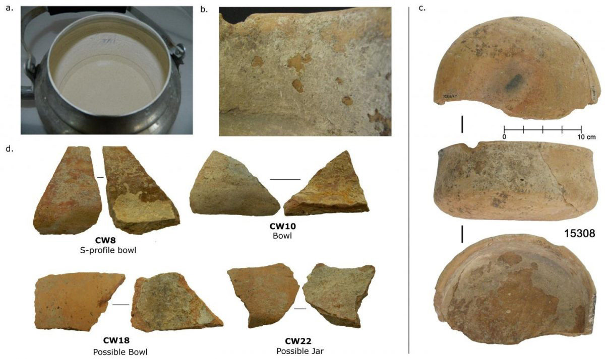 These are examples of calcified deposits from modern and ancient vessels at Çatalhöyük. a) Example of extensive limescale build-up on a modern tea water pot used near Çatalhöyük. b) A close-up of limescale deposits on an ancient sample. c) A relatively intact vessel (not analyzed in this study) demonstrating bowl shape. d) A selection of 4 sherds analyzed in this study showing calcifications adhering to the inside surface of ceramic sherds. Credit : Ingmar Franz; Hendy et al. 2018.