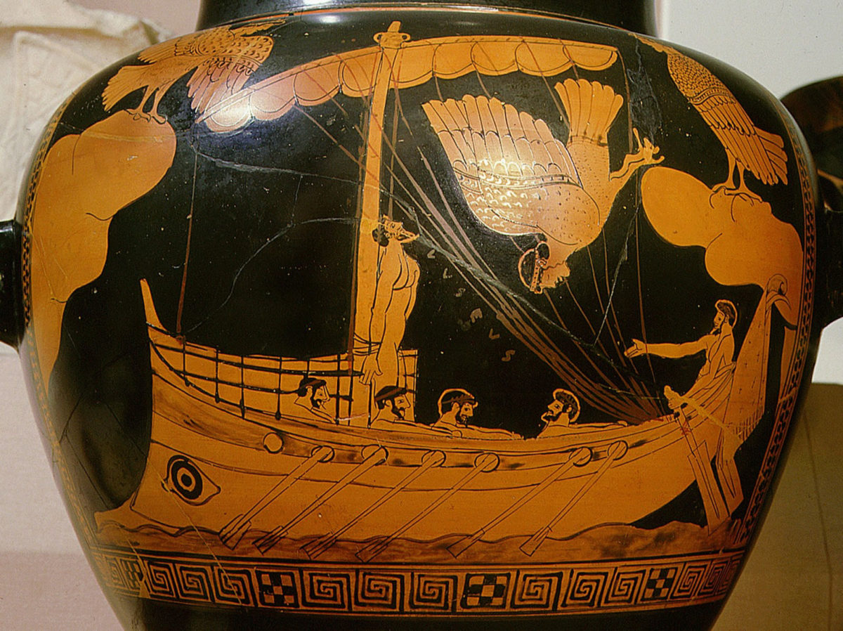 The ‘Siren Vase’ in the British Museum: the shipwreck is believed to be a vessel similar to that shown bearing Odysseus. Credit: Werner Forman/UIG via Getty Images
