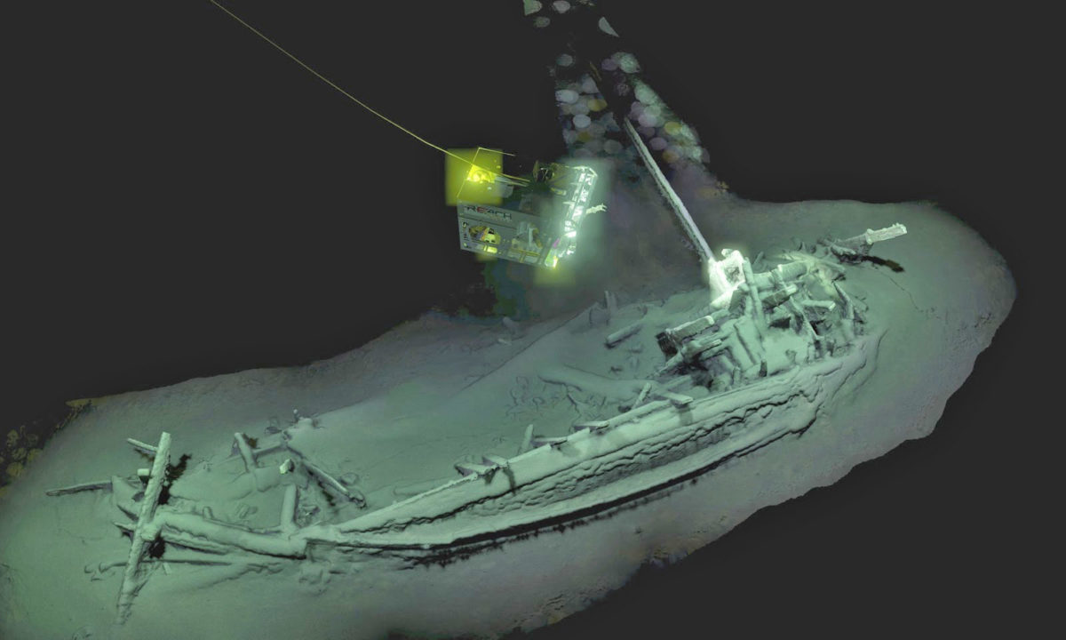 The ship was found with its mast, rudder and oarsmen’s benches in place, over 1,600m under the surface of the sea. Photo: Black Sea Map/EEF Expeditions