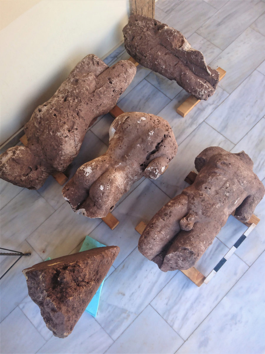 Four torsos of life size limestone statues and one section of the three sided base of a statue were discovered in the greater area of Atalanti (photo: Ephorate of Antiquities of Phthiotis and Eurytania). 