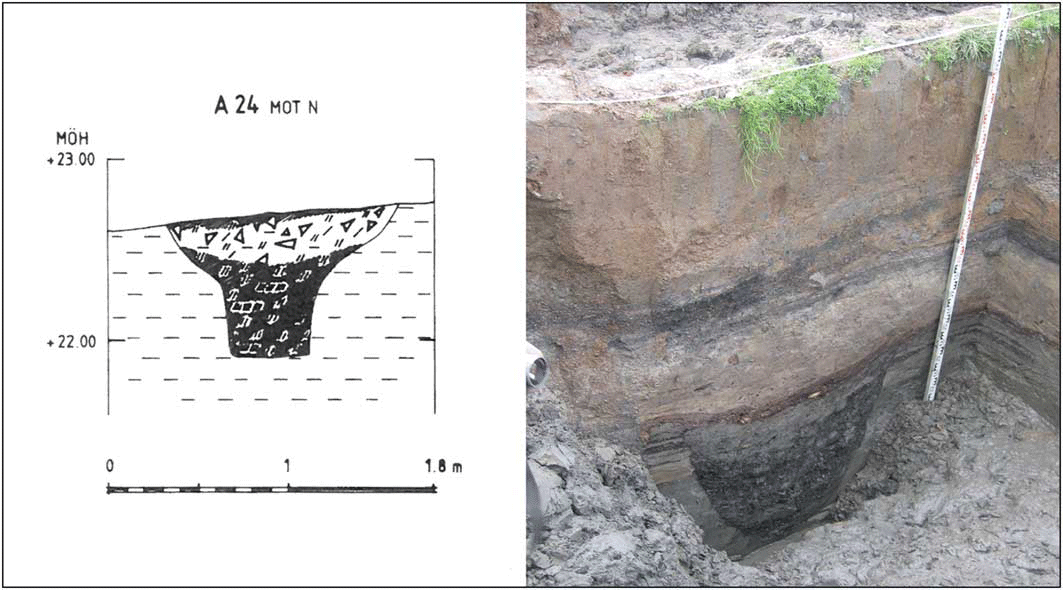 Tar pit excavated in Herrebro (reinterpreted) from Lindeblad et al. (1994) and tenth-century tar pit from the Gnezdovo site, Smolensk region. (Excavations by V.V. Murasheva, State Historical Museum, 2006–2007/ Photo Credit:; A.A. Fetisov, State Museum of Oriental Art / Antiquity.