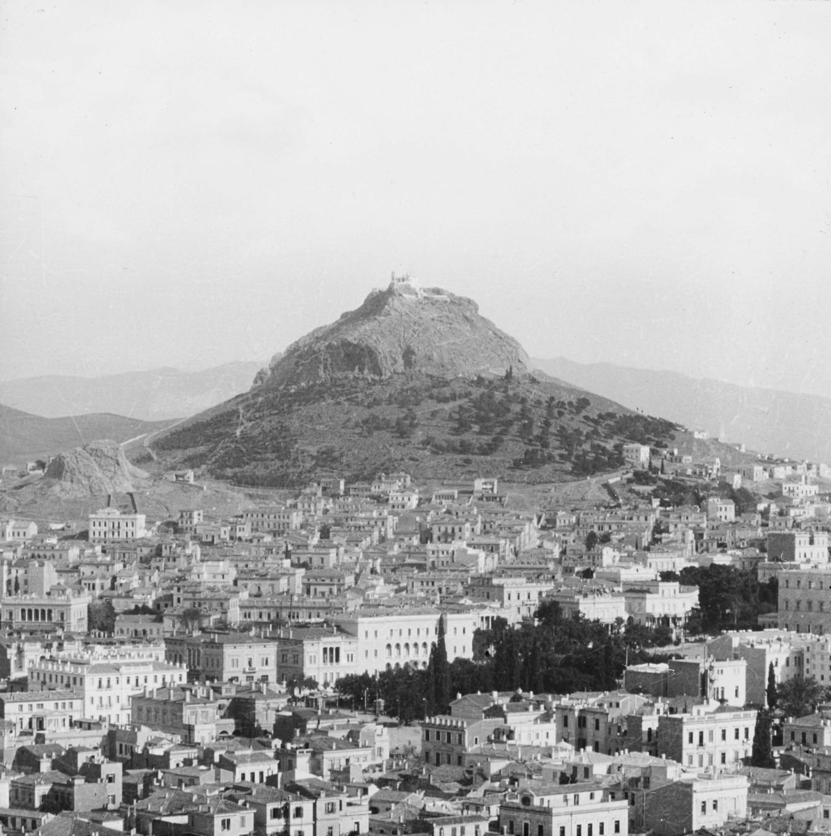View of Athens from the Acropolis with Mount Lycabettus.