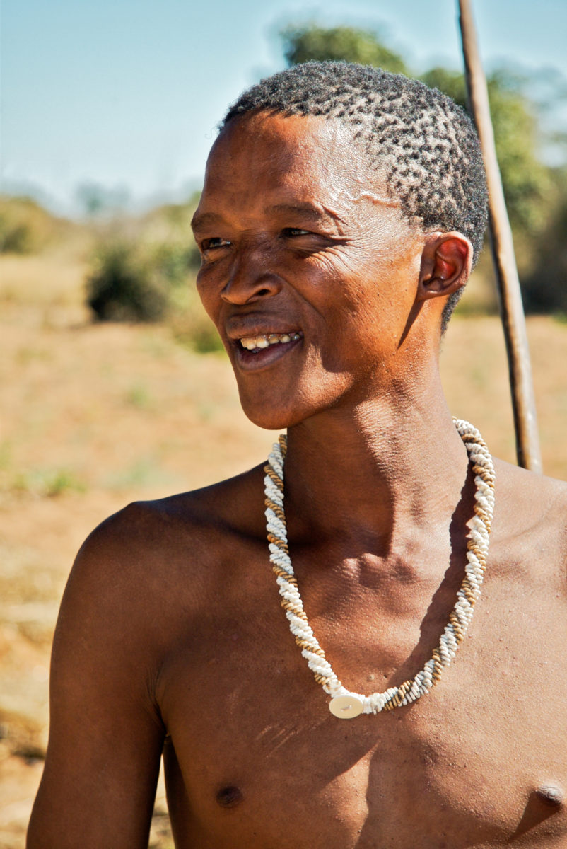 A San (Bushman) who gave us an exhibition of traditional dress and hunting/foraging behavior. Namibia.