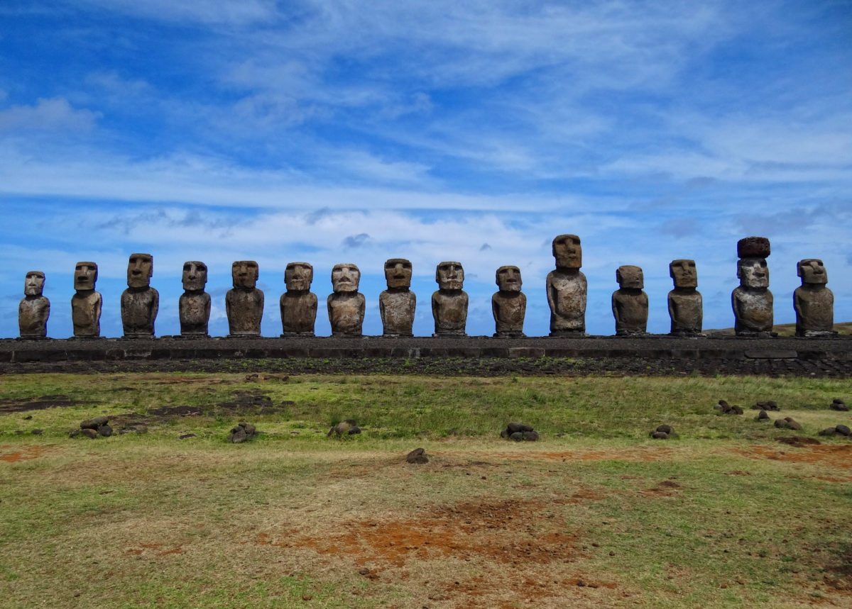 All fifteen standing moai at Ahu Tongariki.