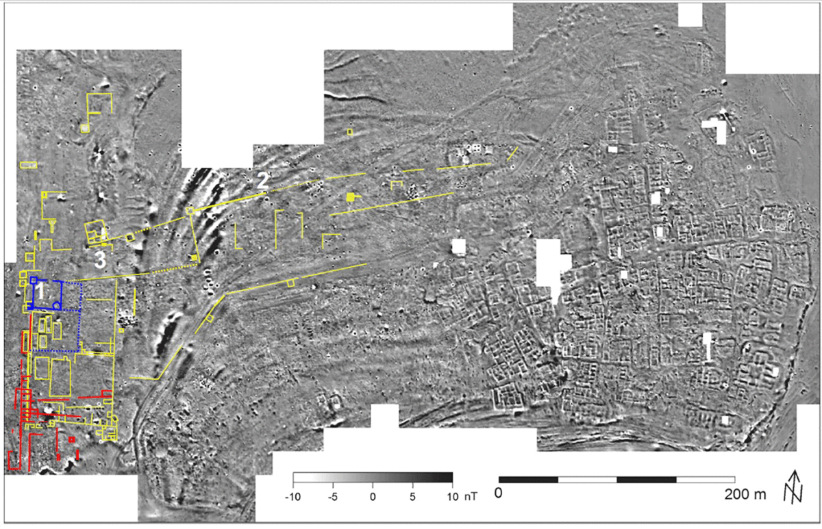Hellenistic structures marked on the geomagnetic map: 1) the ‘fort’ with its three phases (blue: oldest; yellow: middle, main phase, joined with the city's fortifications; red: youngest); 2) northern defensive wall; 3) gate building. Image Credit: T. Herbich/Antiquity/interpretation by M. Woźniak & J. Rądkowska 