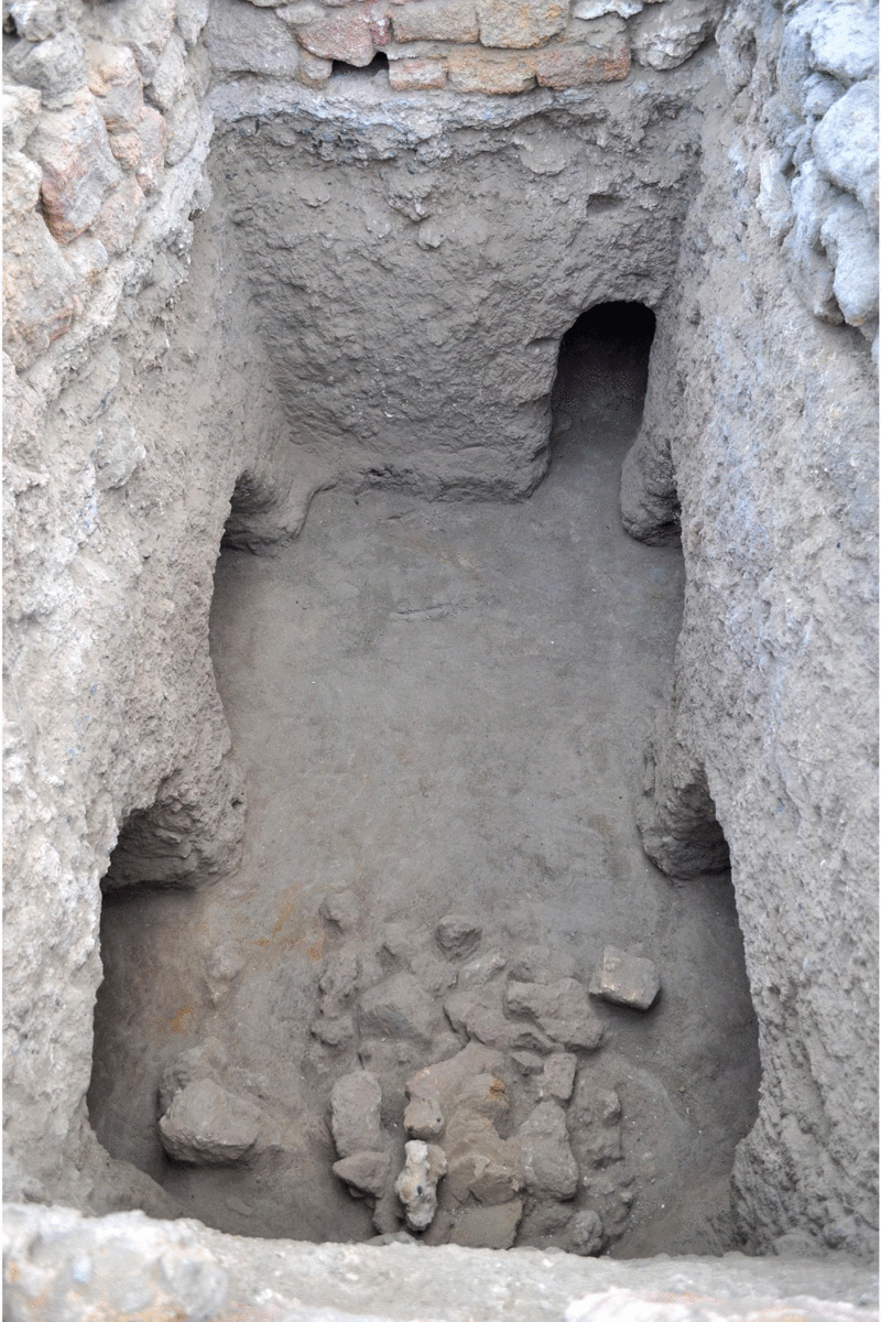 Internal chamber of the Hellenistic gate, showing the entrances of four rock-cut niches and the tunnel, viewed from the west. Photo Credit: S.E. Sidebotham/Antiquity.