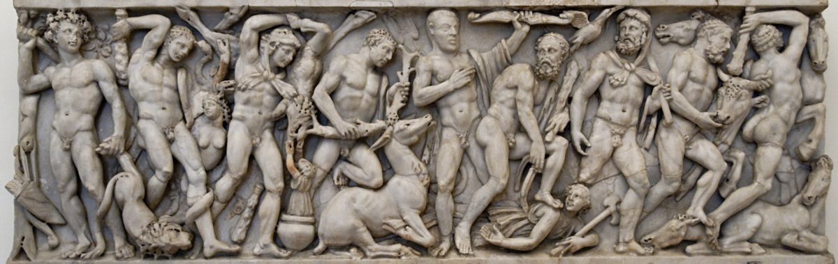 Front panel from a sarcophagus with the Labours of Heracles: from left to right, the Nemean Lion, the Lernaean Hydra, the Erymanthian Boar, the Ceryneian Hind, the Stymphalian birds, the Girdle of Hippolyta, the Augean stables, the Cretan Bull and the Mares of Diomedes. Luni marble, Roman artwork from the middle 3rd century CE.