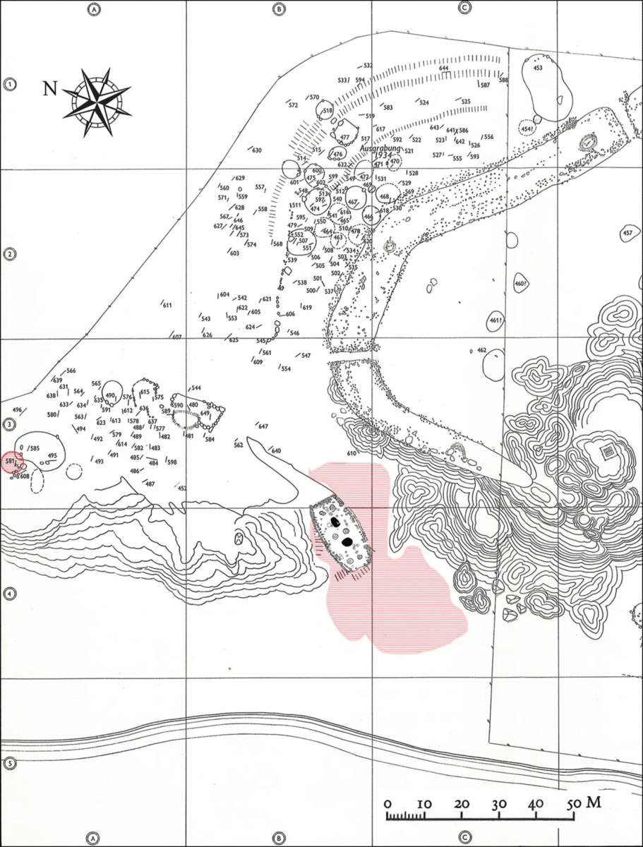  Bj.581 shown in relation to the Birka hill-fort and the garrison hall. Image Credit: Antiquity.
