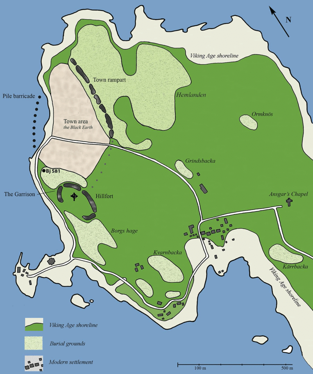 Plan of the Viking Age island market centre of Birka, showing the ‘Black Earth’ settled area, the surrounding cemeteries and the location of Bj.581 outside the hillfort gates. Image Credit: Charlotte Hedenstierna-Jonson/Antiquity.