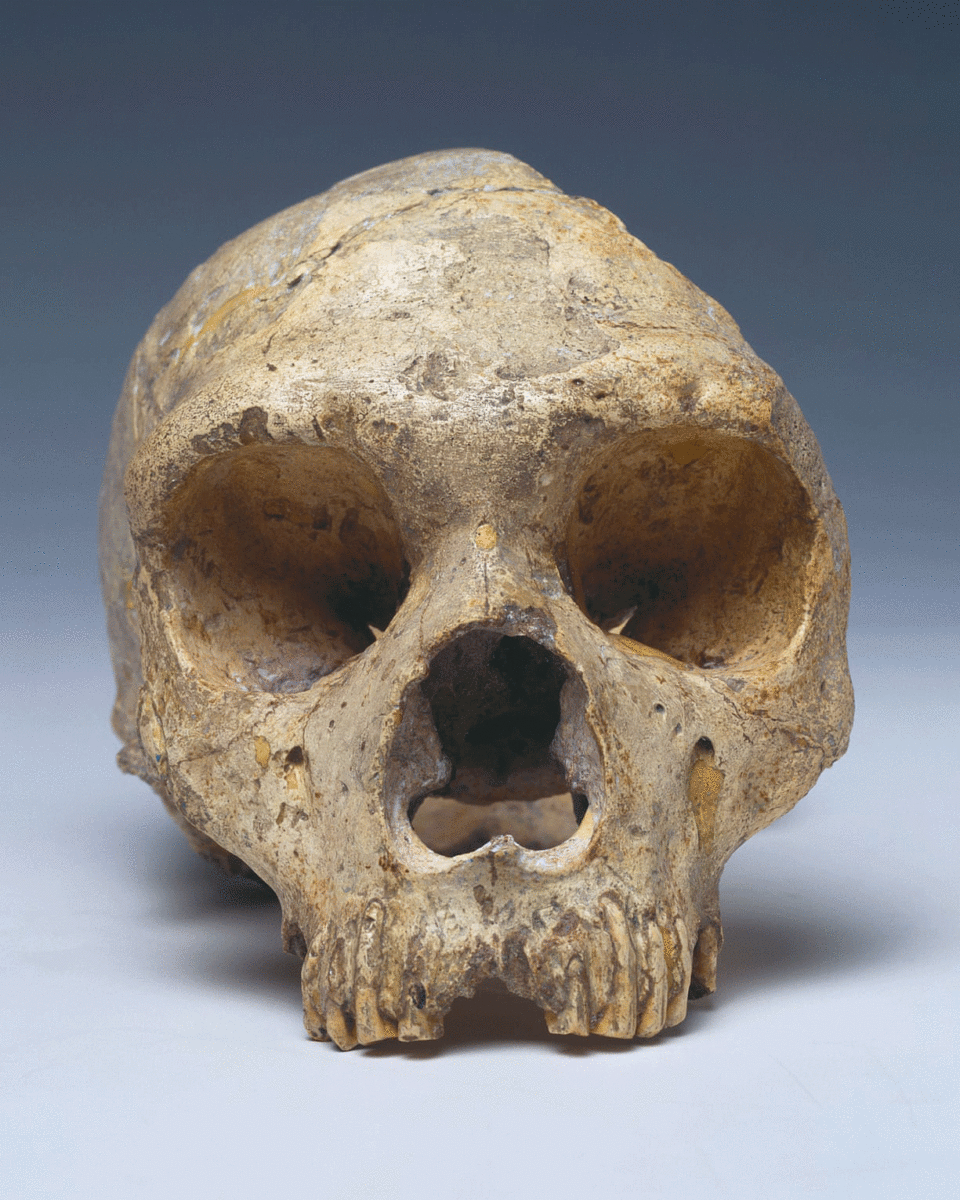 Gibraltar 1, a skull from an adult female Neanderthal, is on display at the Natural History Museum. Photo Credit: Alamy/The Guardian.