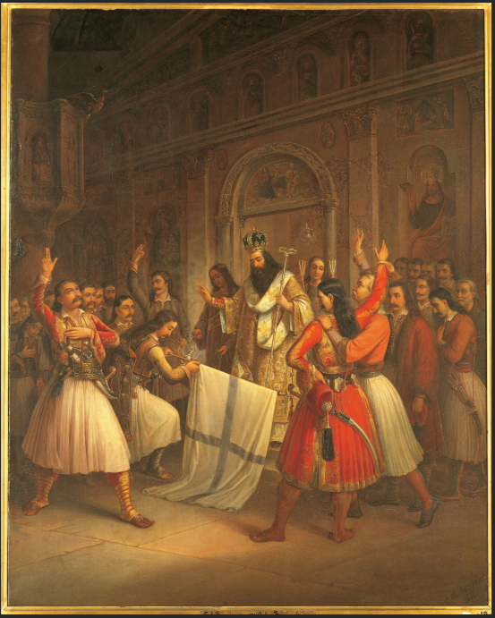 Depiction of the oath-taking warriors inside the Church of Aghia Lavra, 
Theodoros Vryzakis (1814-78), Oil painting. ©Benaki Museum of Greek Culture.