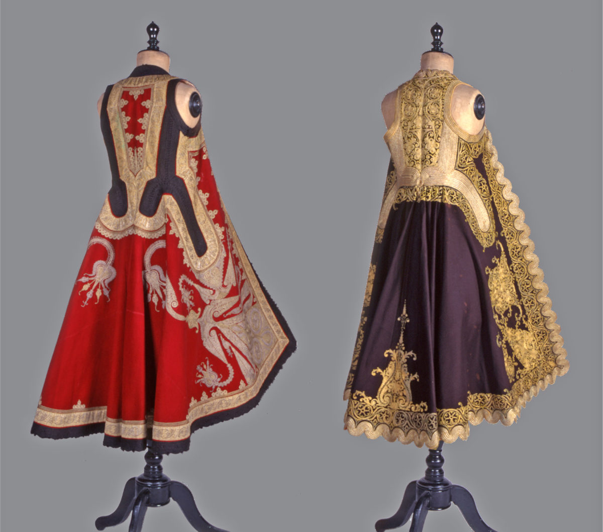 'Doulamas', man’s coat from the Peloponnese, and 'pirpiri', coat belonging to a woman’s town dress from Ioannina, Epirus, 2nd half of 19th century, Peloponnesian Folklore Foundation, Nafplio (1976.6.1169, 1998.6.46).