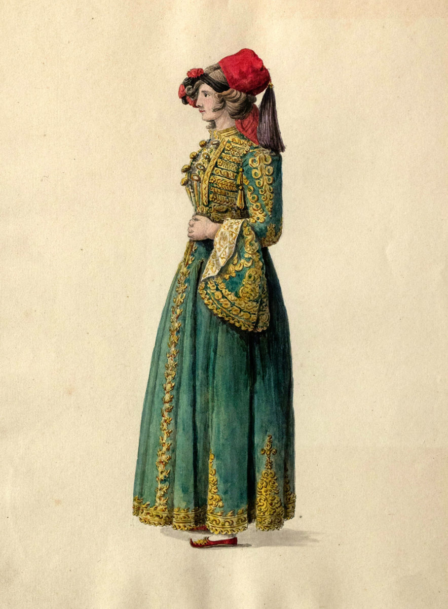 Woman in town dress from the Peloponnese, watercolour and pencil, 0.295x0.20 m.1830s. Peloponnesian Folklore Foundation, Nafplio (2011.14.38).