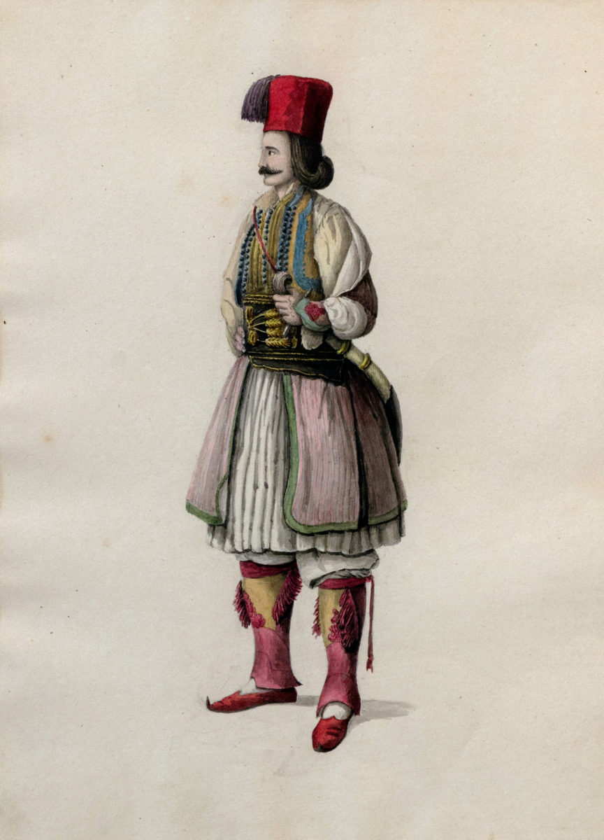 Man wearing ‘Doulamas’ from the Peloponnese, watercolour and pencil, 0.295x 0.20 m. 1830s. Peloponnesian Folklore Foundation, Nafplio (2011.14.39).