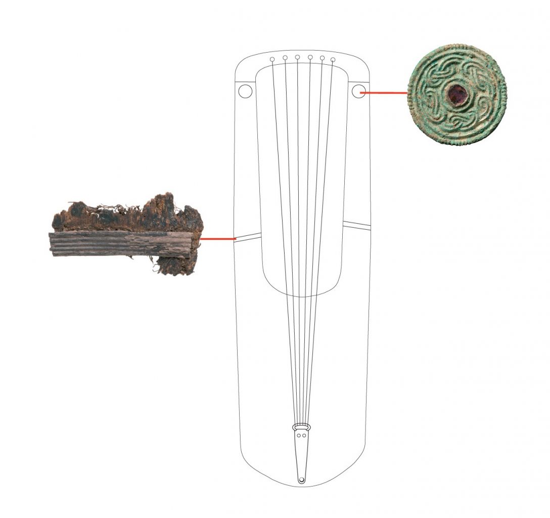 A reconstruction drawing of the Anglo Saxon lyre featuring the delicate repair work and garnet fittings. Credit: MOLA