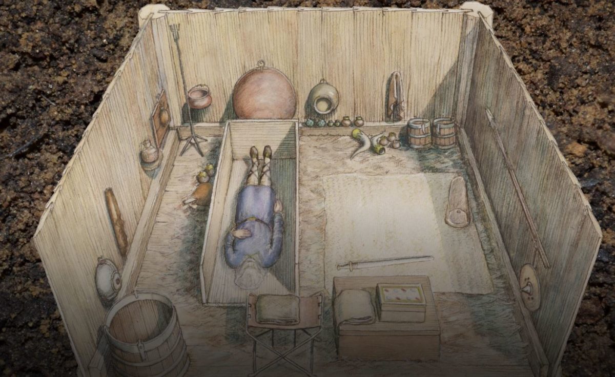 A reconstruction drawing of the Prittlewell princely burial chamber based on painstaking research(c) MOLA by HeritageDaily