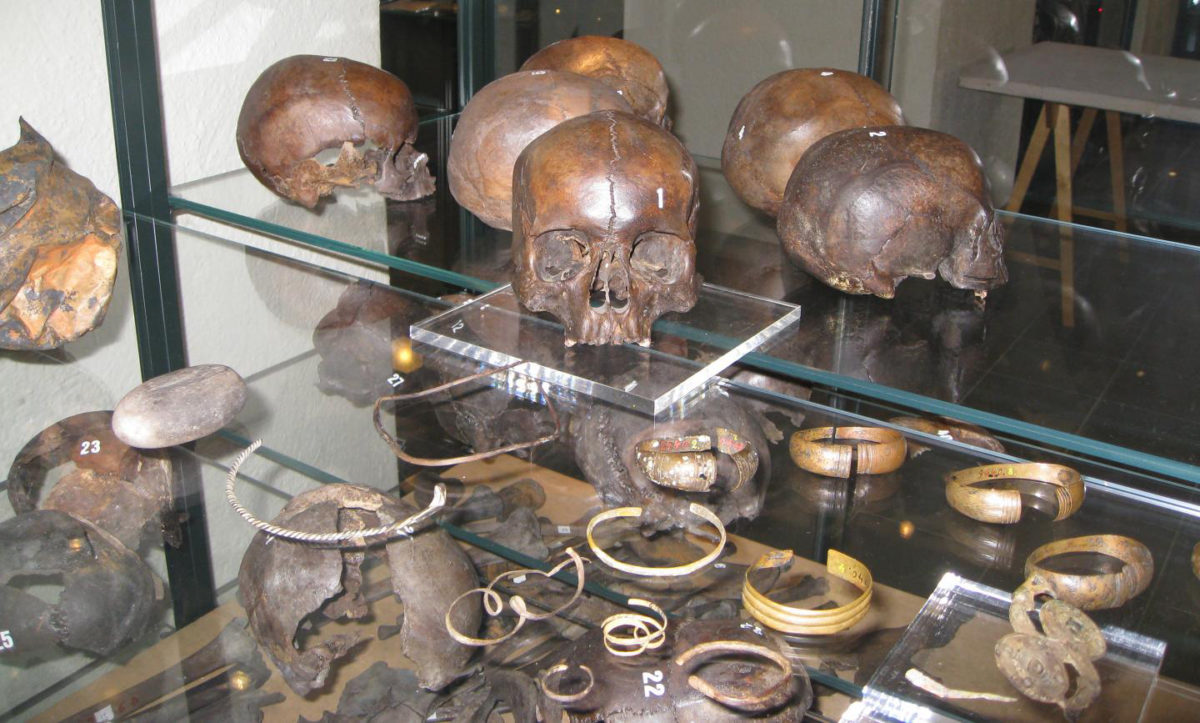Archaeological findings of Levänluhta in the Finnish National Museum's exhibition. In the front arm rings and necklaces found from the burial site, made out of copper alloy.
Credit: Elisabeth Holmqvist-Sipilä