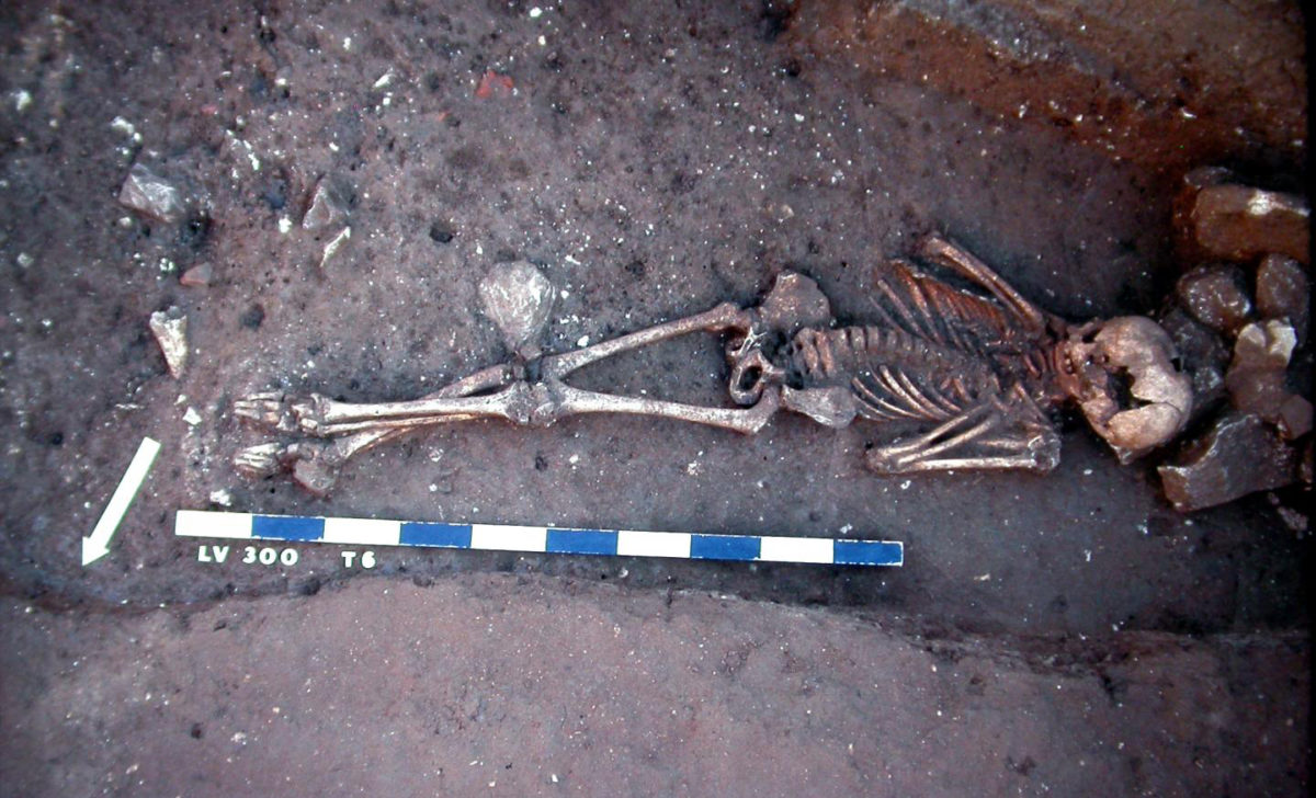 Lunel-Viel (Languedoc-Southern France). Victim of the plague thrown into a demolition trench of a Gallo-Roman house; end of the 6th-early 7th century. Credit:
1990; CNRS - Claude Raynaud