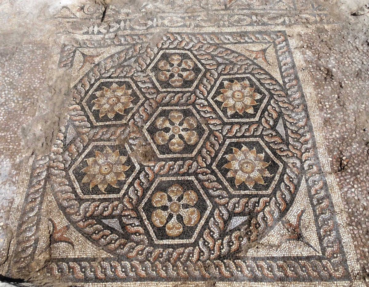 Overall, the design of the mosaic, additionally equipped with a transversal field in front decorated with astragals and rosettes, is typical for the triclinia – the most imposing of the dining rooms in a Roman house.
