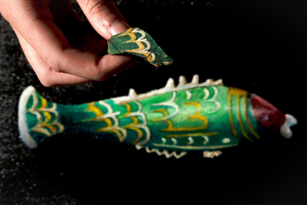 Fragment above artist’s impression of how the fish bottle would have looked. © National Trust / Rod Kirkpatrick / F Stop Press