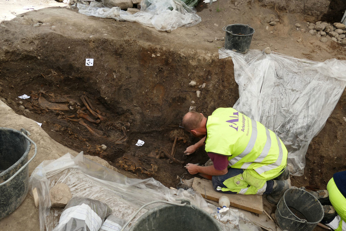 Osetologist Ola Magnell uncovers the skeletons of a dog and horse. PHoto Credit:  The Archaeologists CC-BY.