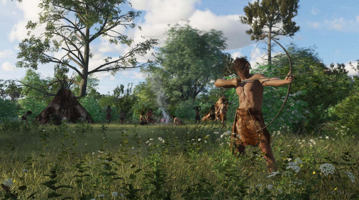 Reconstruction of a Mesolithic camp-site with a hunter in the front ready to fire an arrow mounted with stone microliths. Credit: 
Ulco Glimmerveen