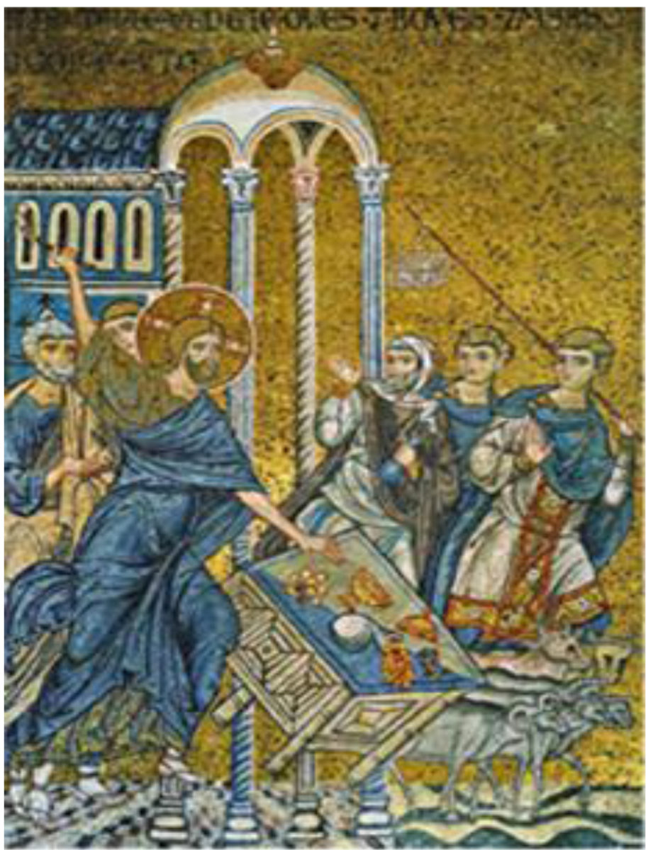 Jesus banishes the μerchants out of the Temple. Byzantine mosaic in the Cathedral of Monreale. Palermo, Sicily.
