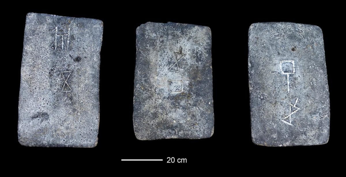Some of the studied tin ingots from the sea off the coast of Israel (approx. 1300-1200 BCE).
Credit: Photo: Ehud Galili