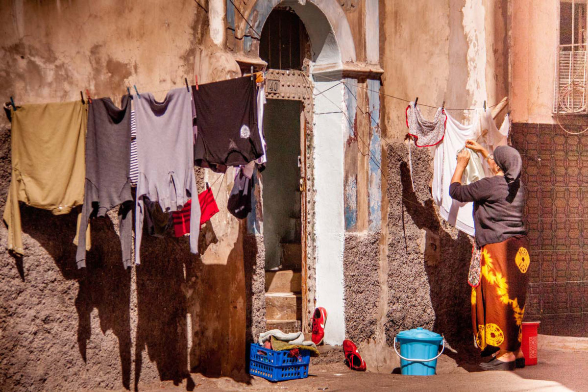 Drying clothes in the street is a typical scene in the old part of Casablanca.